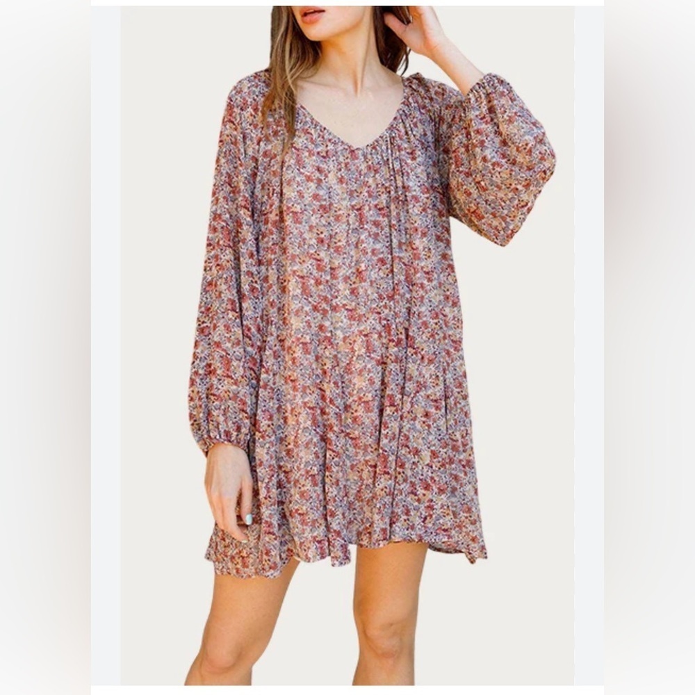 Storia Floral Georgette Swing Boho Mini Dress Cottagecore Tie Back Long Sleeve L